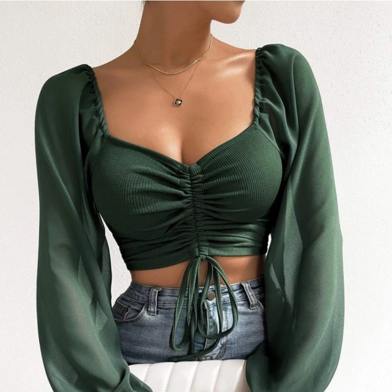 Spring Summer Women Lantern Sleeve Chiffon T Shirt Sexy Mesh Fashion Drawstring Wrap Chest Bare Midriff Tees Lady Bottoming Top