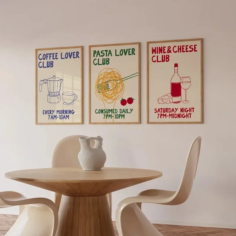 1pc frameless Canvas Painting Hand Drawn Kitchen Moka Pot Coffee Pasta Lover Wine and Cheese Food Print Wall Art Canvas Painting