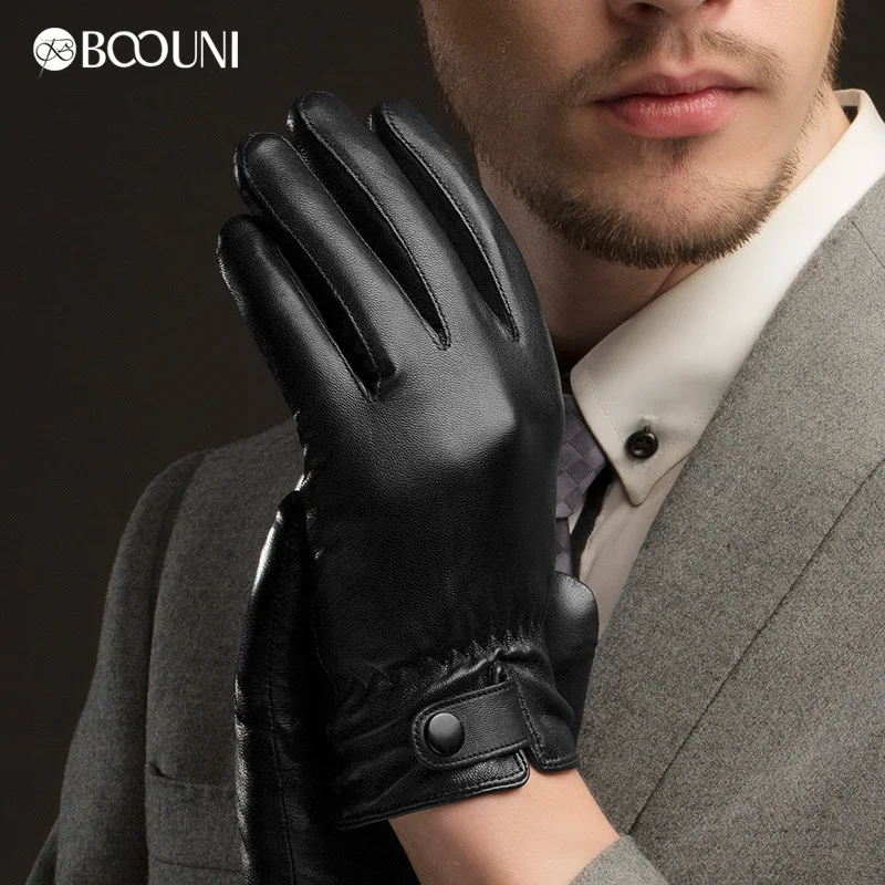 

Men Gloves Autumn Winter Thermal Plushed Lining Wrist Buckle Fashion Black Sheepskin Leather Gloves Male NM638