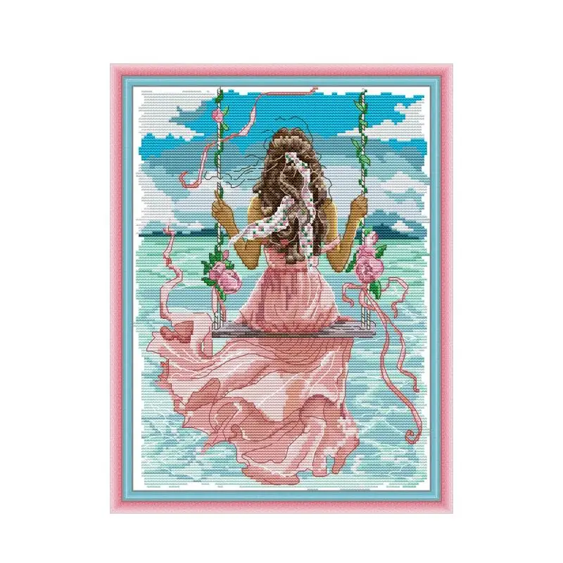 Sunflower girl cross stitch kits aida 14ct 11ct count print canvas sea view girl cross stitch needle embroidery DIY handmade