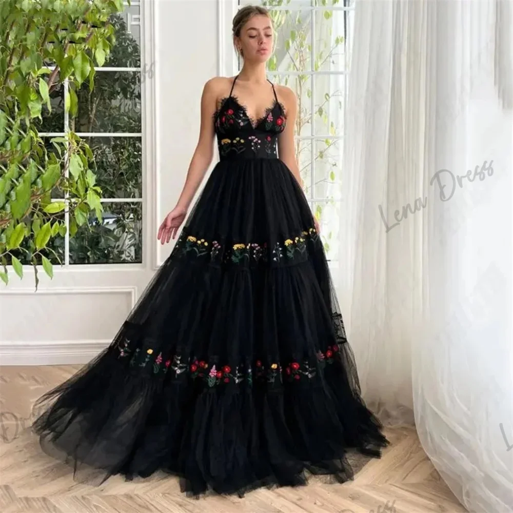 

Lena-Floral sheer ball dress black sexy V-neck ball evening dress A-line party dress Vestidos De Festa