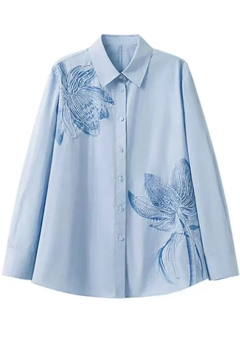 

Свободные повседневные хлопковые рубашки с вышивкой, блузки для женщин, весна-лето 2023, трендовая верхняя рубашка, популярная корейская женская одежда