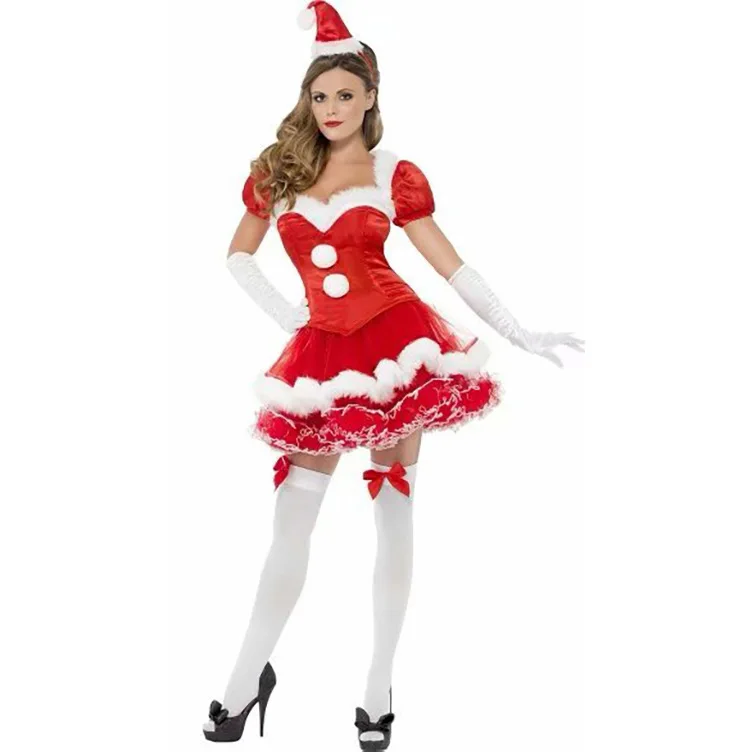 Hot Sale Winter Christmas Santa Claus Cosplay Red Dress Costume Adult with Hat Gloves