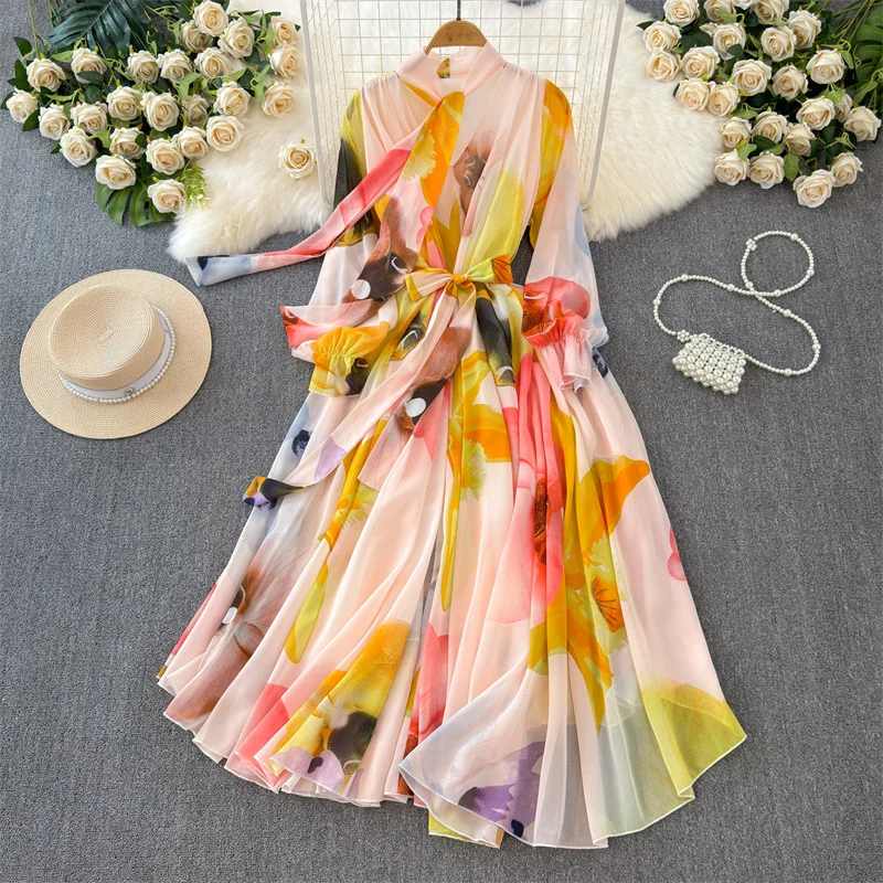 

French Style Graceful Long Printed Dress Loose Long Sleeves Women's Lace Up Bow Collar Fairy Big Swing Chiffon Vacation Dresses