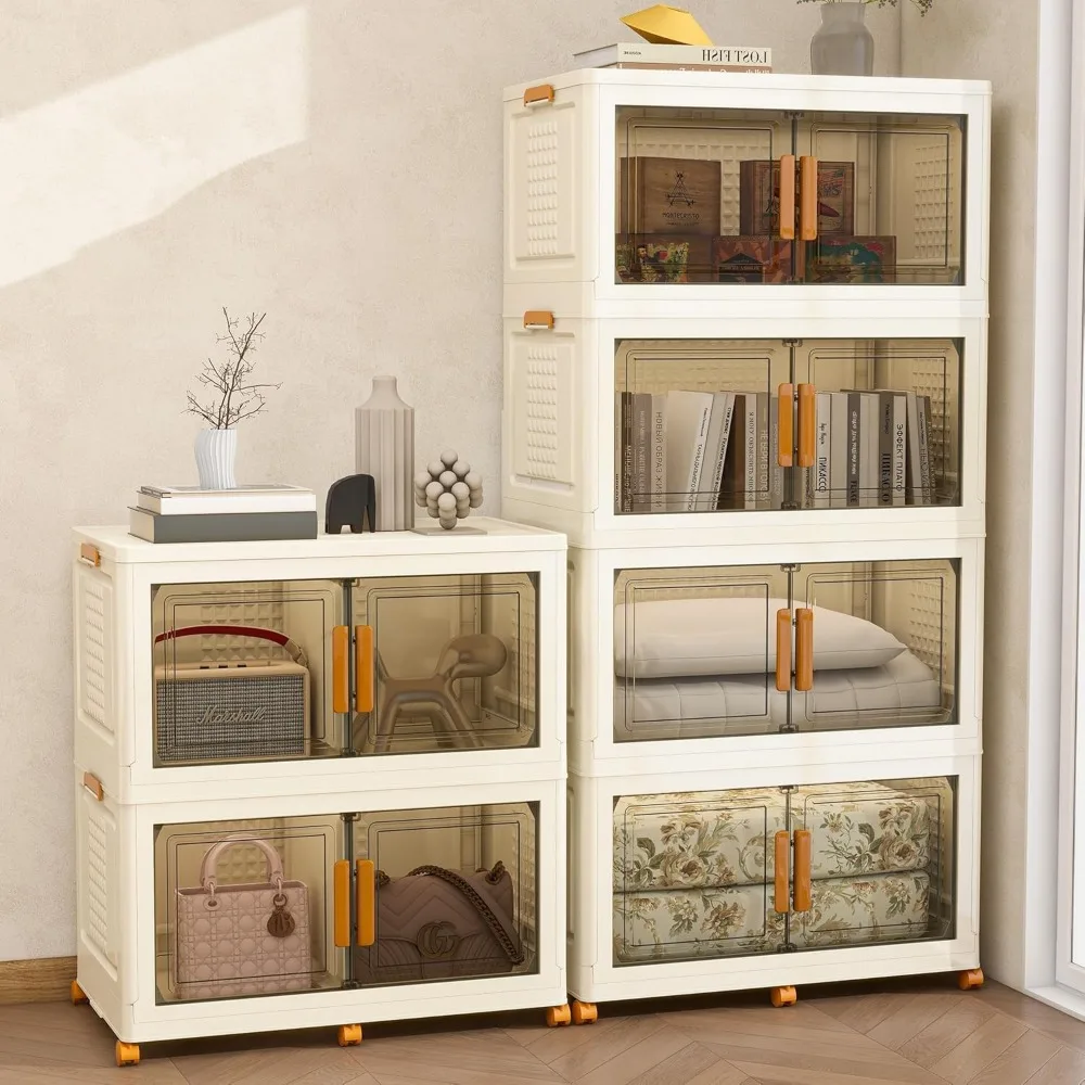 Cajones de almacenamiento transparentes plegables con ruedas, contenedores de plástico apilables, tapas incluidas, organizadores de armario para un almacenamiento eficiente