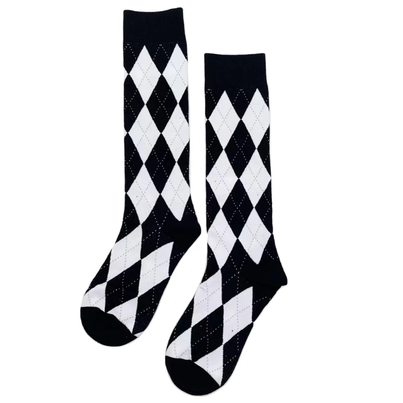 Women Autumn Black White Knee High Socks Harajuku Preppy Argyle Diamond Lattice Plaid Vintage Student Drop Shipping