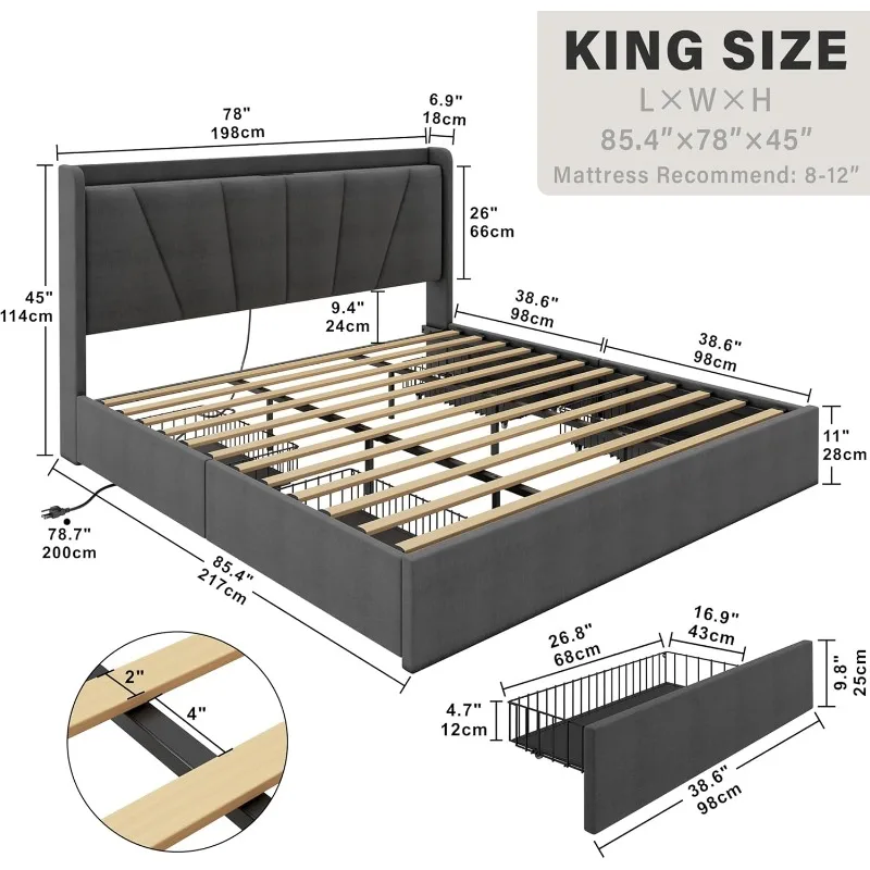 King Bed Frame and Upholstered Headboard, Platform Bed with Storage Drawers and Outlets, Sturdy, Noiseless, No Box Spring