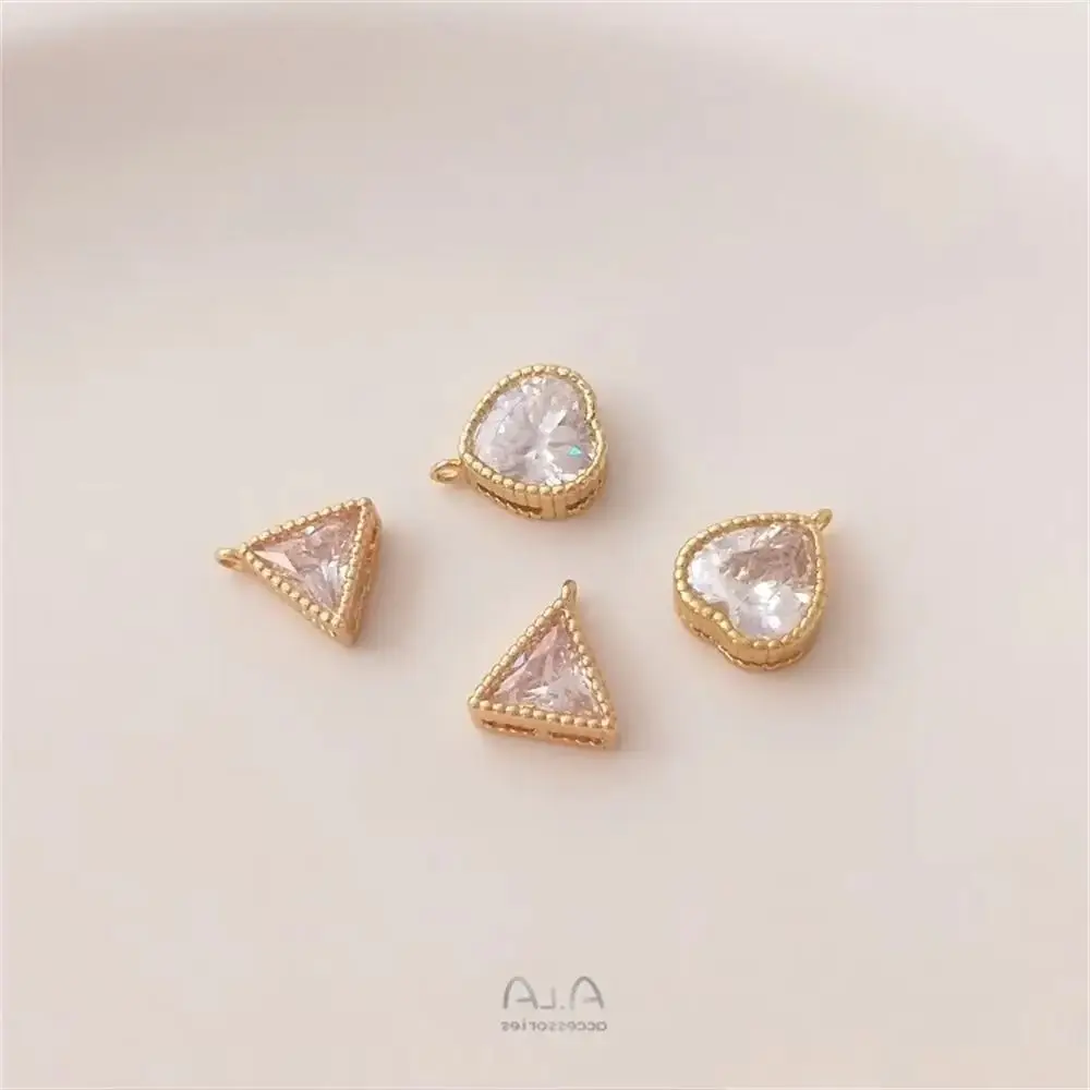 14K Solid Gold Inlaid Zircon Heart Triangle with Hanging Beads Pendant DIY Bracelet Earrings Accessories K147