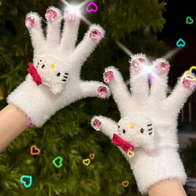 

1 пара утолщенных теплых перчаток с рисунком «Hello Kitty», милые плюшевые перчатки Sanrio со стразами, подарки на Рождество и день рождения для студентов