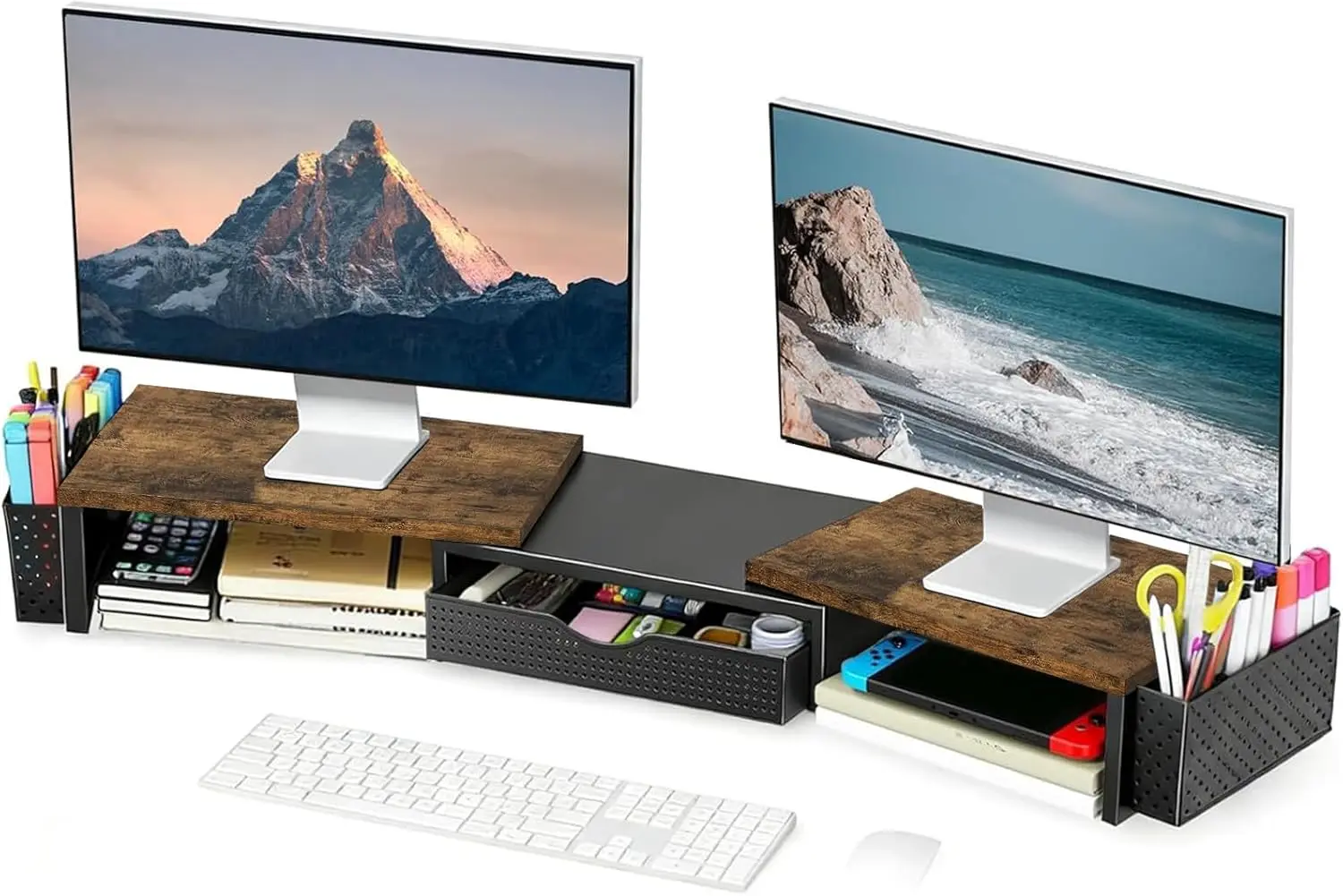 

Dual Monitor Stand Riser with Drawer and Pen Holders, Metal Desk Organizer for Office Supplies