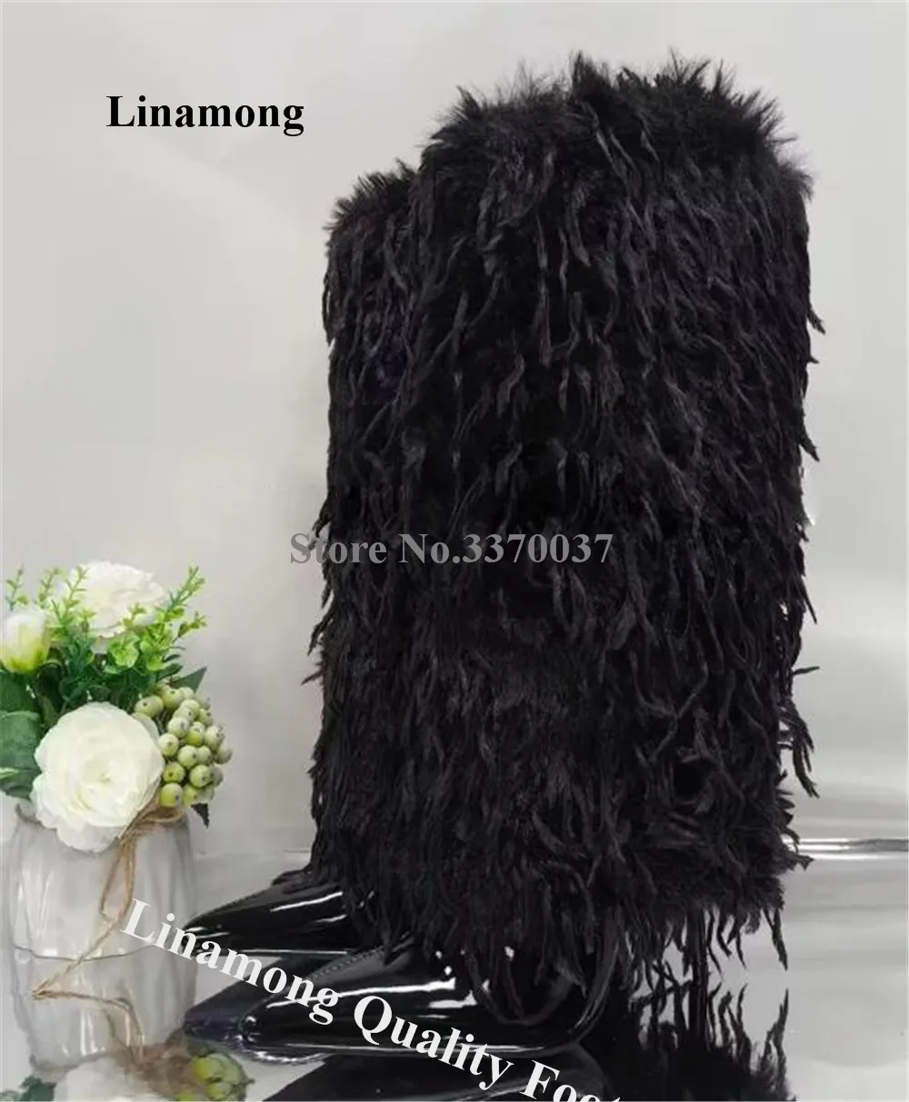 Linamong New Fashion Long Fringes Fur Thin Heel Knee High Boots Black Pink Yellow Stiletto Heel Long Boots Big Size