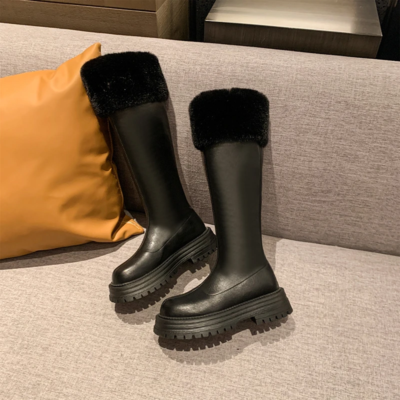 

Snow Women Winter Knee High Boots Woman Fur Shoes 2025 Trend Leather Platform Chelsea Casual Plush Cotton Warm Zapatos De Mujer