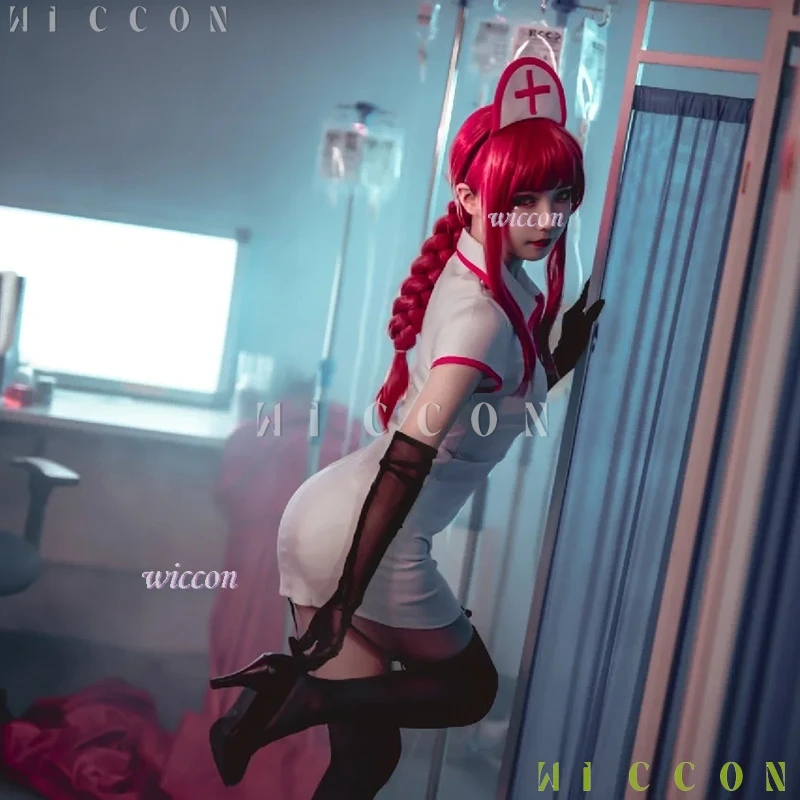 アニメマキマコスプレセクシーなナースチェーンソーマンコスプレ衣装ドレスナースキャップかつら手袋ストッキングハロウィンコスチューム女性のための
