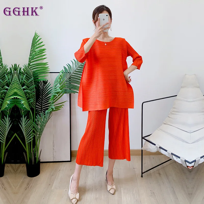 

GGHK Pleated Women Suit Solid Color Irregular Design Chic Top + Fashionable Elegant Loose Wide Leg Pants 2024 New Female Set