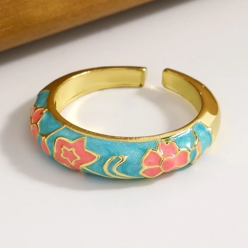 Chinese Style Drip Oil Ring Vintage Colorful Enamel Statement Ring Adjustable Ethnic Floral Pattern Ring Valentine's Day