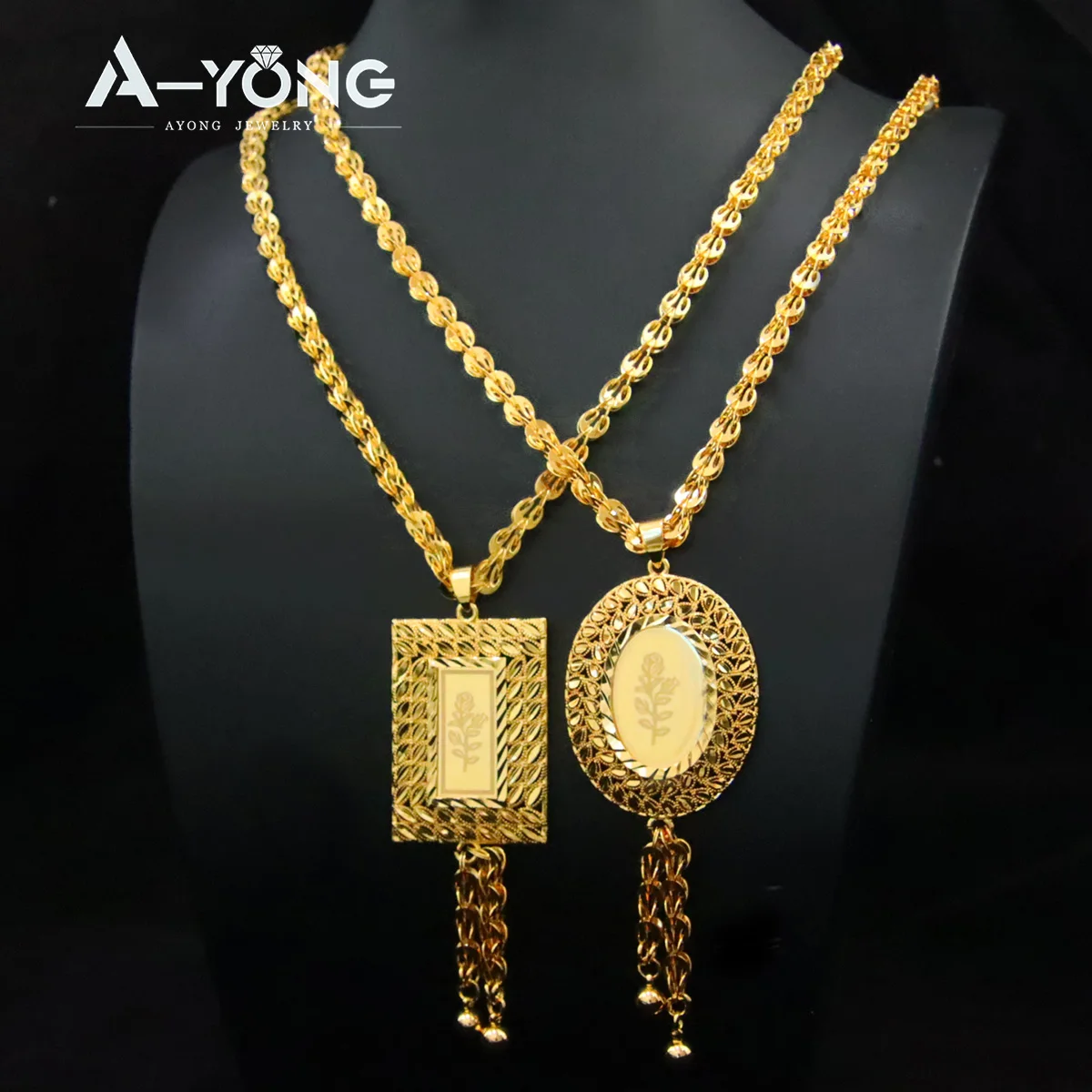 Saudi Islamic Gold Color Necklace 21k Gold Plated Fashion Oval Square Flower Pendant Nigeria Women Luxury Wedding Party Jewelry