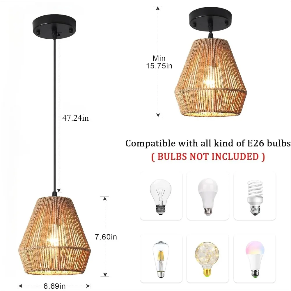 

Boho Chandeliers Lamp Fixture Rustic Woven Pendant Lights Hand-Woven Rattan Shade for Bedroom Dining Room Hallway Kitchen Island