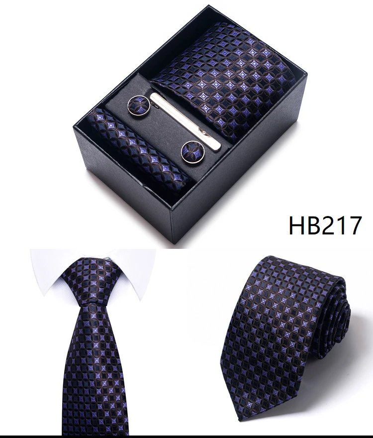 Heißer Verkauf 8 cm breite Krawatten-Sets blau solide Herren Krawatte Taschentuch Manschettenknöpfe Clip Box Hochzeitsgeschenk Seide handgefertigt – Detail 18