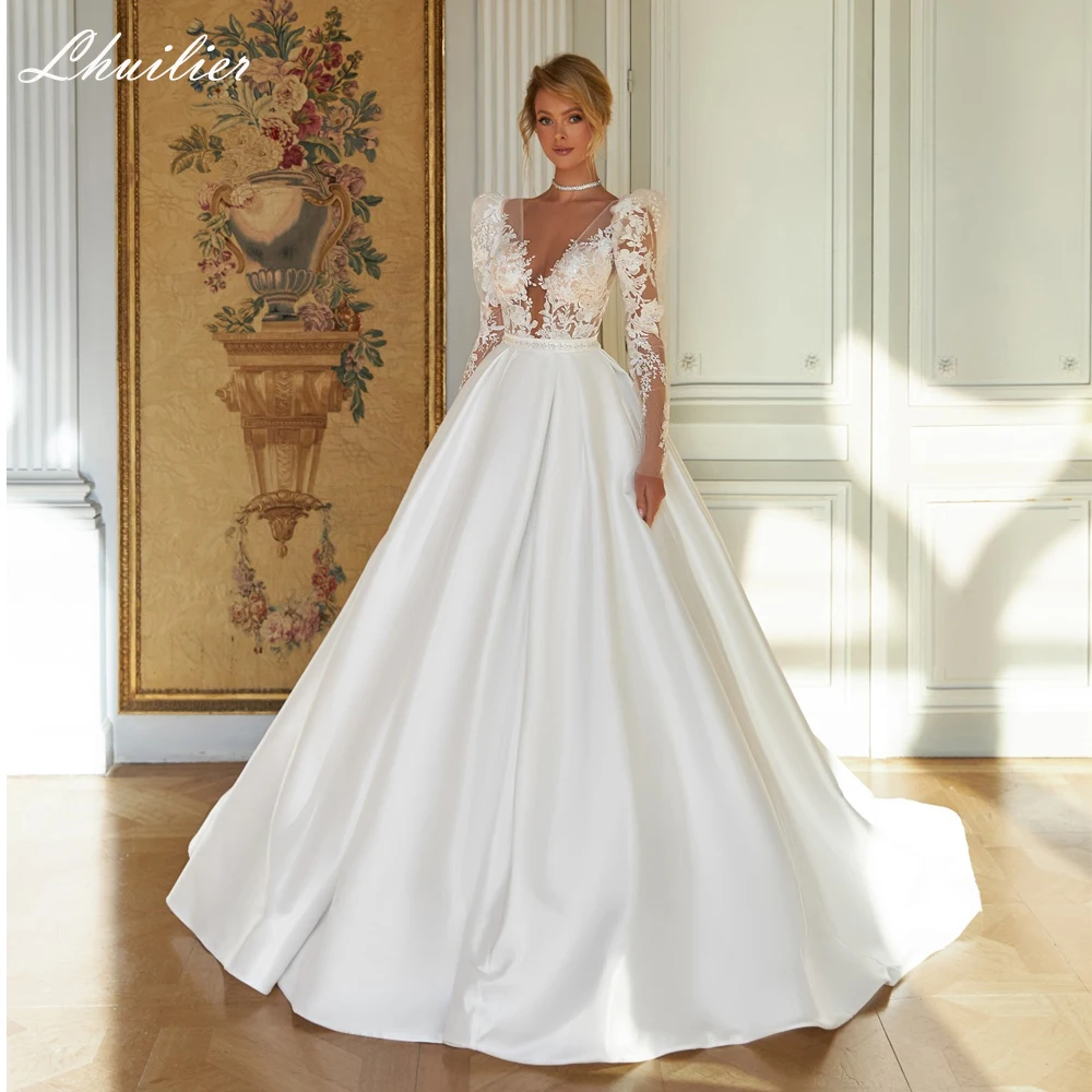 

Lhuilier Customized Sexy V Neck A Line Satin Wedding Dresses Floor Length Puff Sleeves Beaded Lace Appliques Bridal Gowns