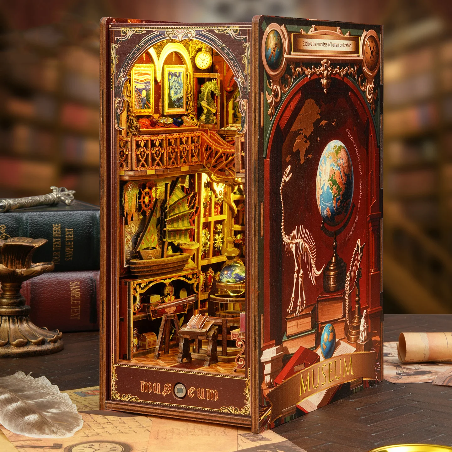 DIY Wooden Century Museum Book Nook Shelf Insert Kit Miniature Model Kits Bookshelf With Light Bookend for Friends Birthday Gift