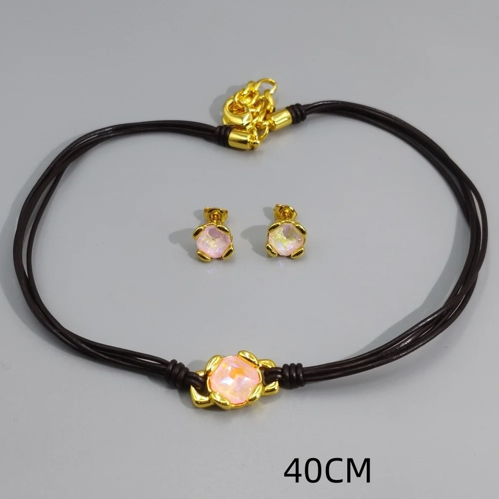 2026 Spring Romantic Leisure Wind Blue/Pink Crystal Earrings Leather Rope Necklace Jewelry Two Piece Set Holiday Gift