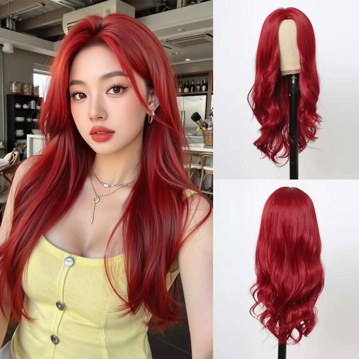 Center-parted long curly hair, red synthetic wig, Halloween party cosplay wig, daily high-temperature hair accessory wig set