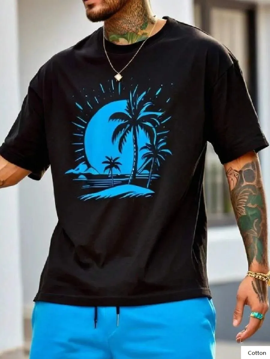 تي شيرت قطني برسومات شجرة النخيل والقمر على طراز العطلة الاستوائية - قميص علوي مثالي للشاطئ والمظهر غير الرسمي تي شيرت S-4XL