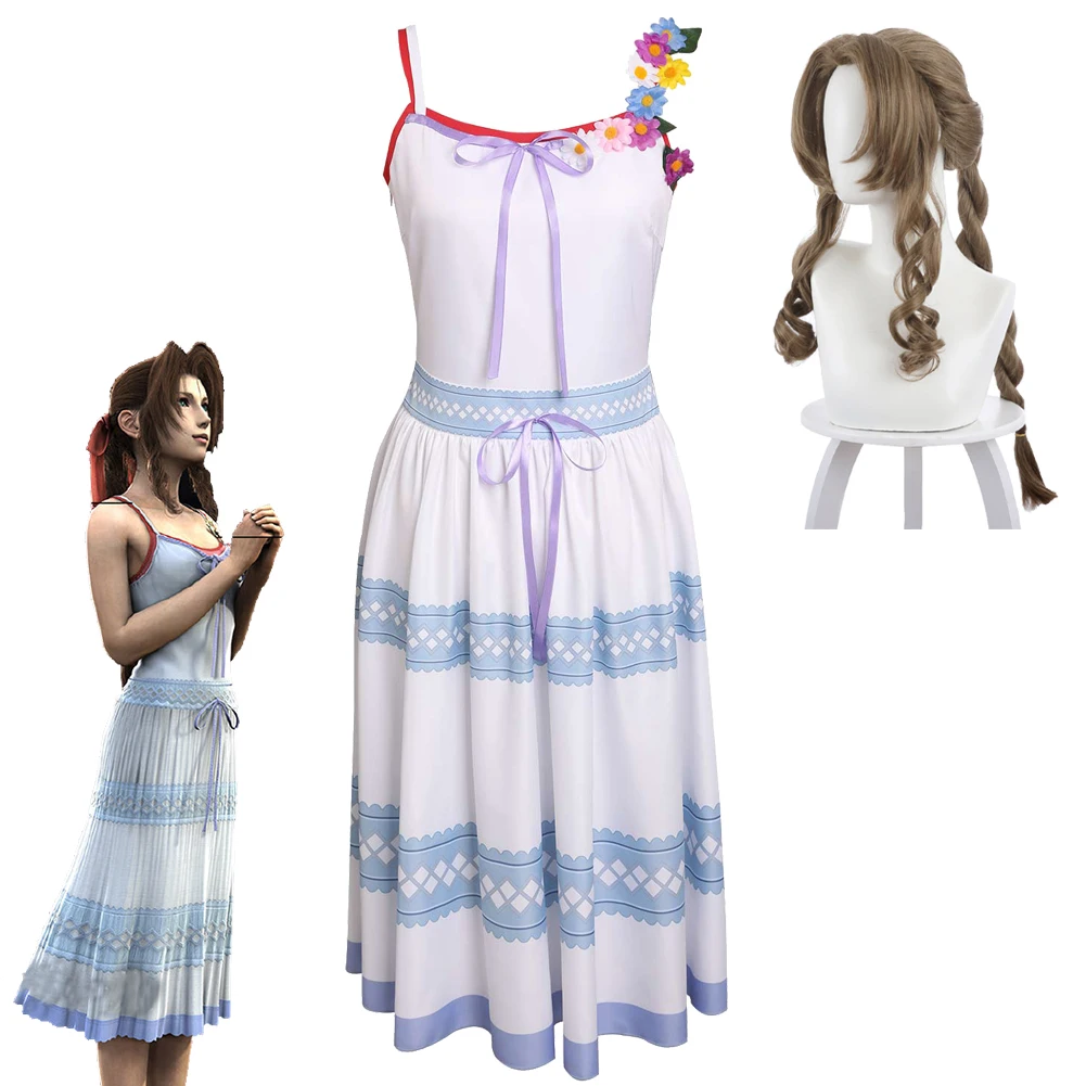 Aerith Gainsborough Cosplay Kostüm Perücke Spiel Final Fantasy VII Fantasie Frauen Kleid Disguise Damen Halloween Karneval Kleidung