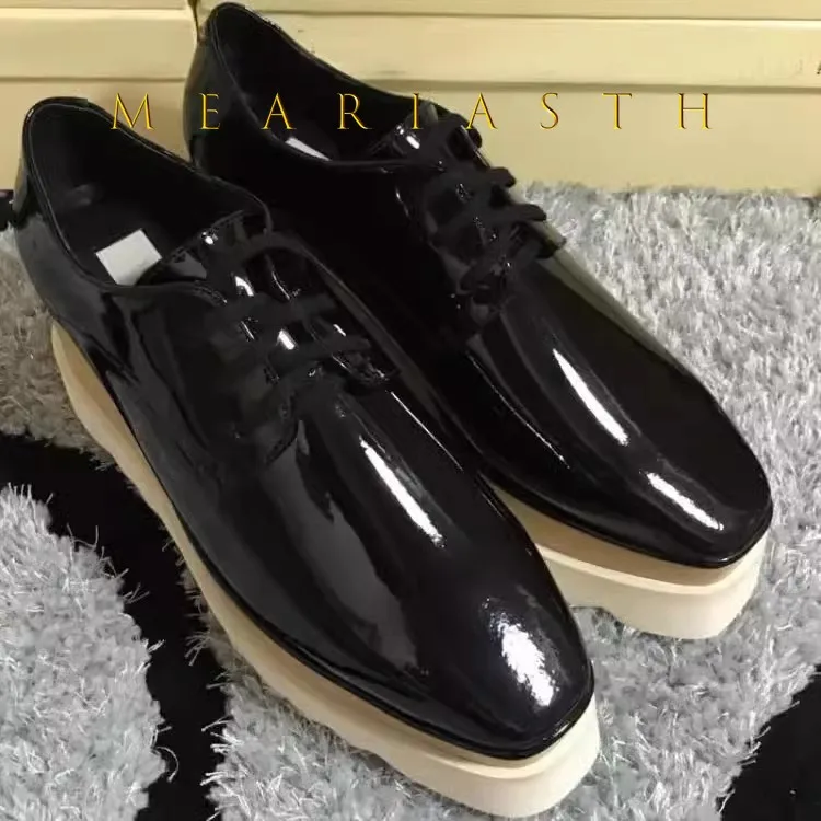 

Женские туфли на толстой подошве с квадратным носком и шнуровкой из лакированной кожи, однотонные туфли для ползания, женские модные туфли дерби