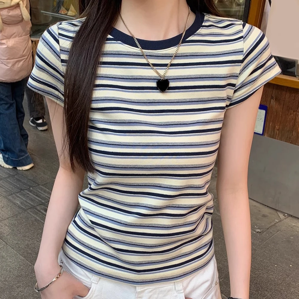 Women Slim Fit Striped Short Sleeve T Shirt Tee for Casual Holiday Party Wear Straight Shoulder Bottoming Tops