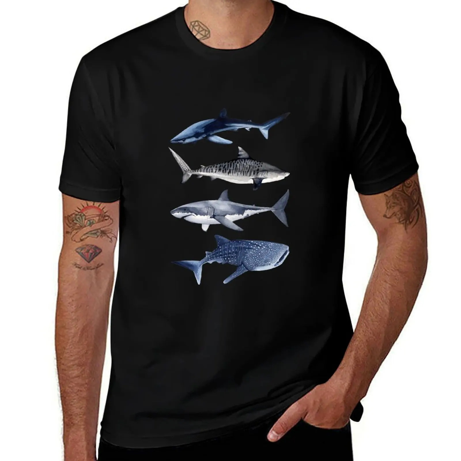 

SHARKS IV-blue, tiger, white and whale sharks T-Shirt t shirts cotton 100% man tshirt t shirts for man cotton T-shirt