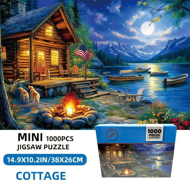 38*26cm Mini Adults 1000 Pcs Gray Boardcard Jigsaw Moon Cottage Beautiful Photo Landscape Home Decro Friends  Family Lovers Gift