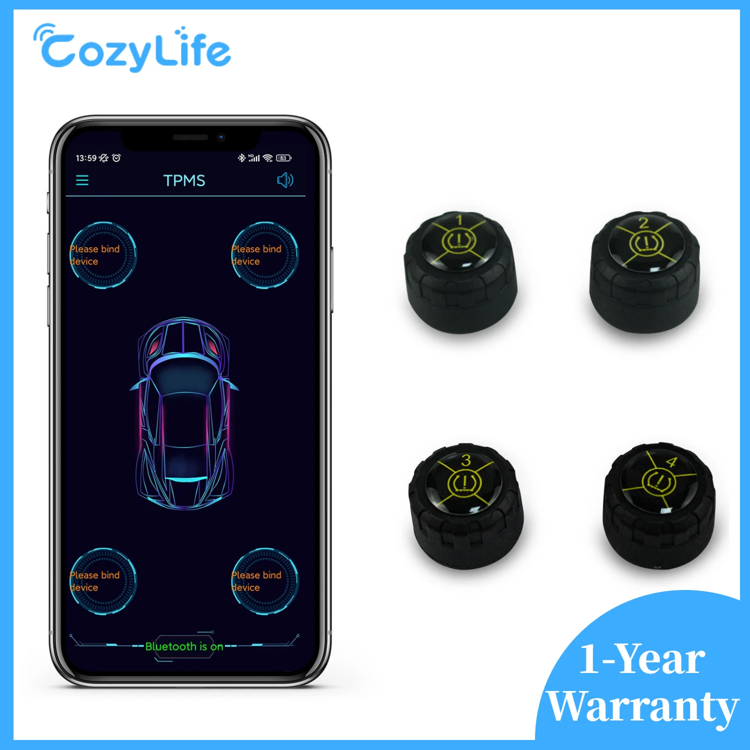 

Wireless Tire Pressure Monitoring System,Alarm Modes, with 4 External Sensors TPMS, Real-time Displays Pressure&Temperature