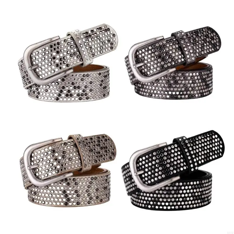 

B95F Full Rivets Studded Waist Strap Women Jeans Pants Fashion Adjustable Waistband