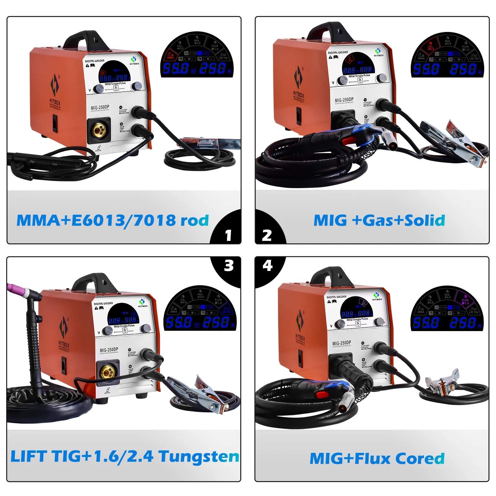 HITBOX Aluminium Welder MIG250DP 5 in 1 MIG CO2 MIX Gas Gasless Lift TIG MMA ARC Inverter Welding Machine Digital Display