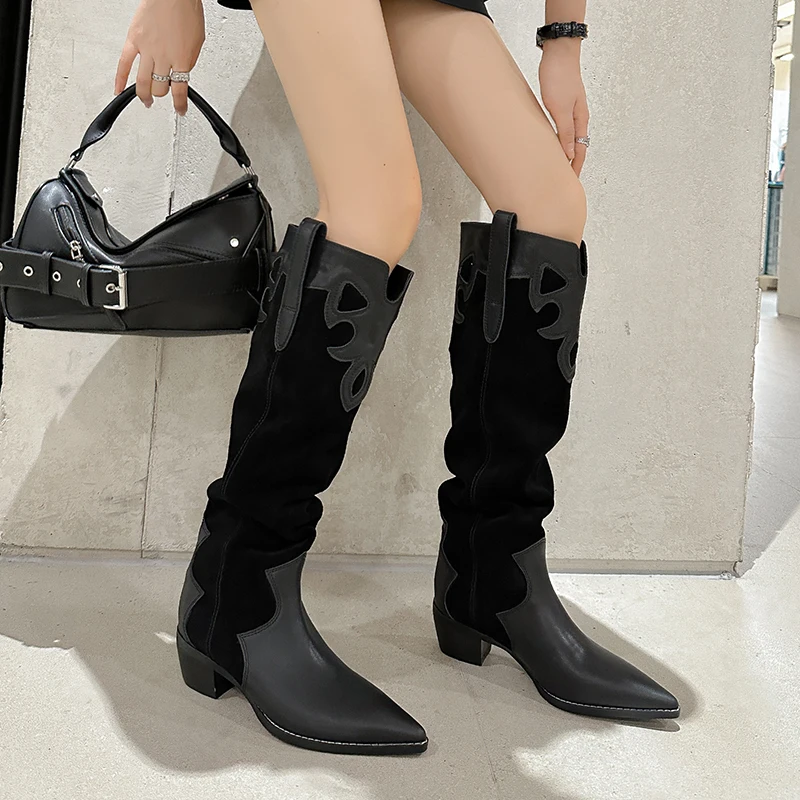 Leather Custom Color Matching Western Cowboy Boots Pointed Head Square Heel Heightened Knight Boots Large Size Sexy Women's Boot