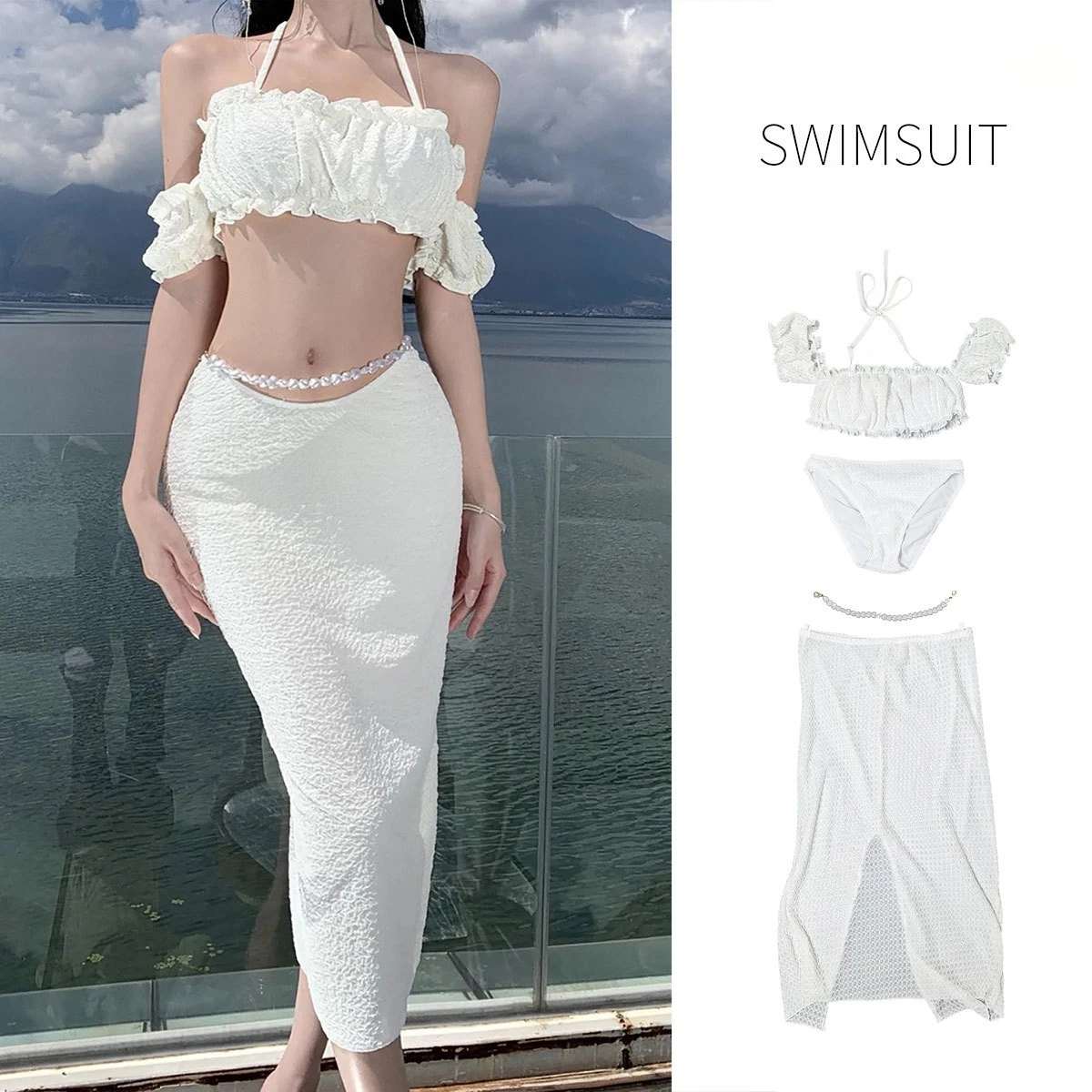 

Seaside Vacation Pure Desire Temperament Beige Pearl Bikini Seaside Neck Three-piece Set Hip-wrapped Long Dress Swimsuit