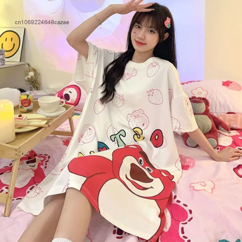 Sanrio Kuromi Cotton Nightgown Summer Women Cartoon Cute Round Neck Short Sleeve Y2k Medium Length Casual Tshirts Home Clothes