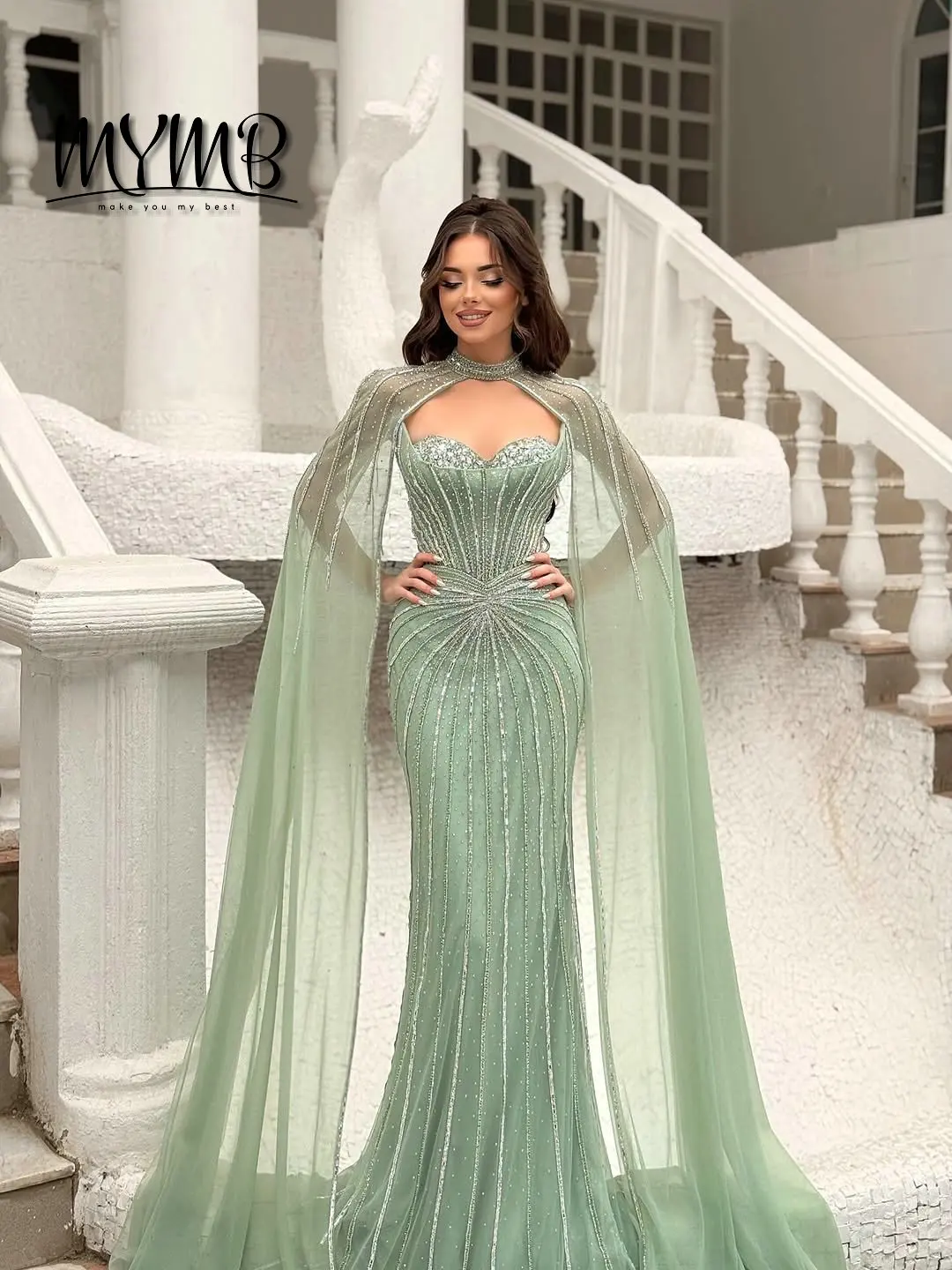 

MYMB Hot Sale New Style Embellished With Exquisite Beaded Crystal Elegant Cape Sleeves Evening Gown for Formal occasion MB40365C