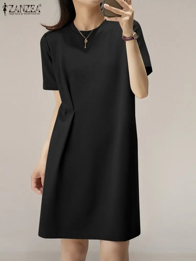 

ZANZEA Women Simple Knitted Dresses O-neck Mini Dress Fashion 2024 Summer Pleating Vestidos Casual Loose Solid Short Sleeve Robe