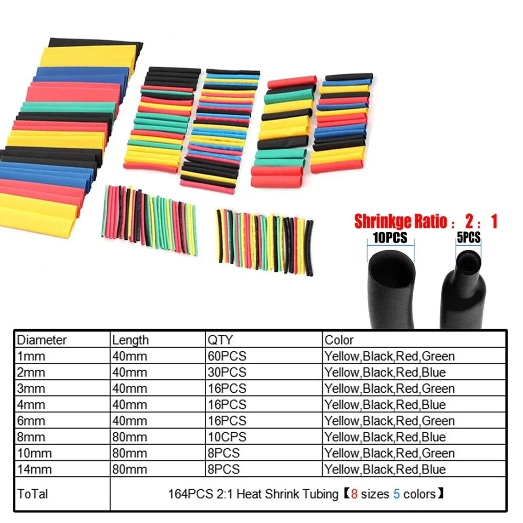 164Pcs Heat shrink tube kit Insulation Sleeving Polyolefin Shrinking Assorted Heat Shrink Tubing Wire Cable