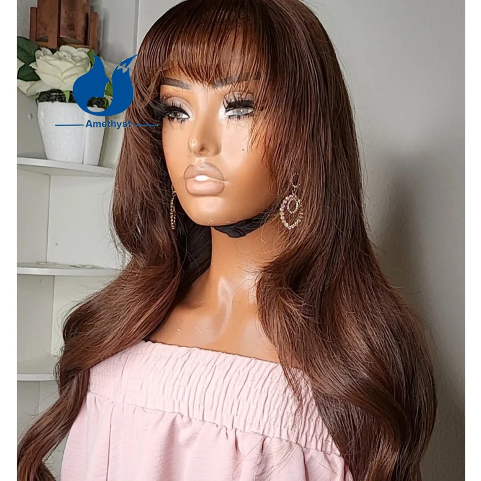 

Amethyst Long Chestnut Brown Human Hair Bang Wig For Black Women Scalp Top Full Machine Made Loose Wave Layers Wig Brazilian