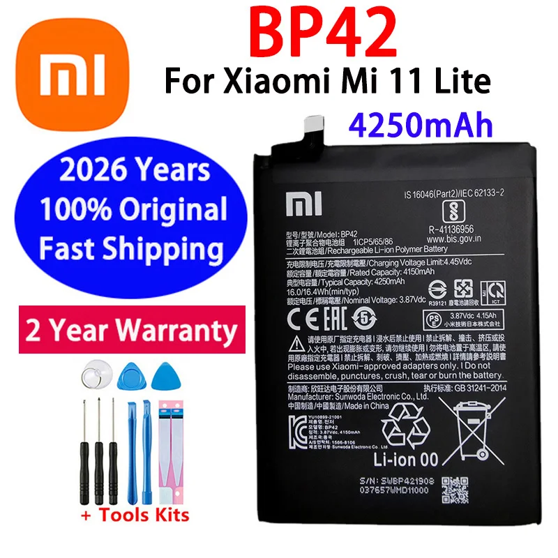 100% Original BP42 Battery For Xiaomi Mi 11 Lite BP42 Genuine Replacement Phone Battery Batteries Bateria 4250mAh Fast Shipping