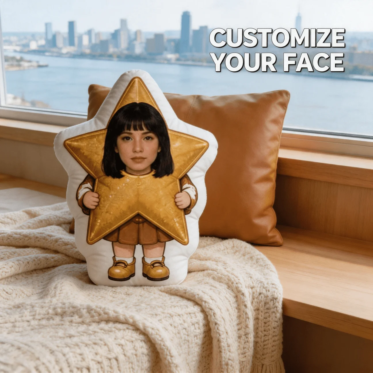 Custom Personalized Photo Star Shaped Pillow, Cute Character Holding Golden Star Custom Face Decorative Cushion, Unique Home Dec