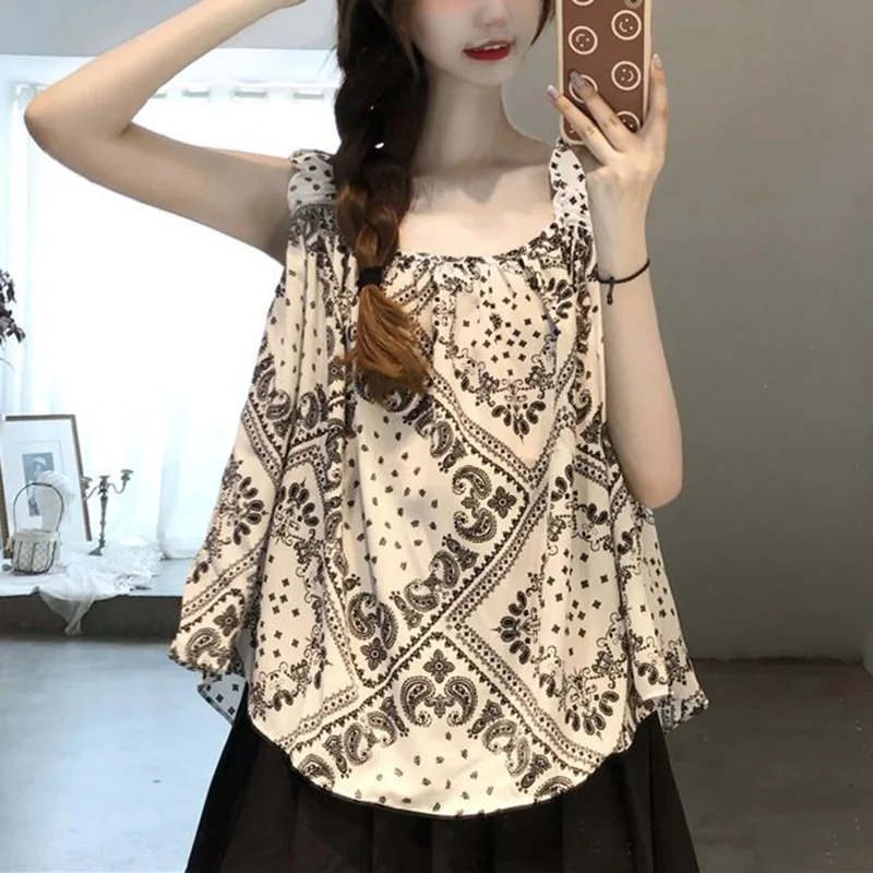 Vintage Printed Loose Folds Sleeveless T-Shirt Female Clothing 2023 Summer New Oversized Casual Pullovers Office Lady Tee Shirt