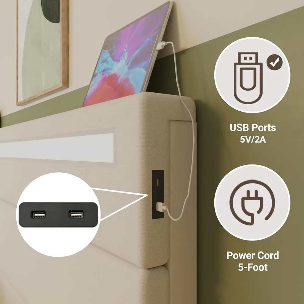 إطار سرير بحجم كوين مع لوح رأسي، وأسرة منصة منجدة حديثة مع منافذ USB وأضواء LED، ودعم شرائح خشبية قوية