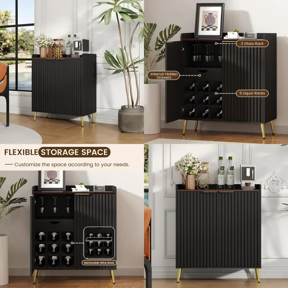 Farmhouse Style Wine Bar Cabinet with Fluted Doors, Glass Holders, and Removable Rack for Modern Coffee Storage