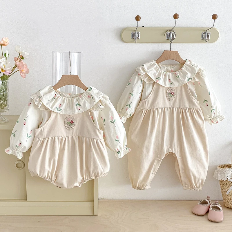 

2025 New Autumn Toddler Baby Girl Clothes Suit Long Sleeved Cotton Printed Shirt Sleeveless Overalls Rompers Children Clothes