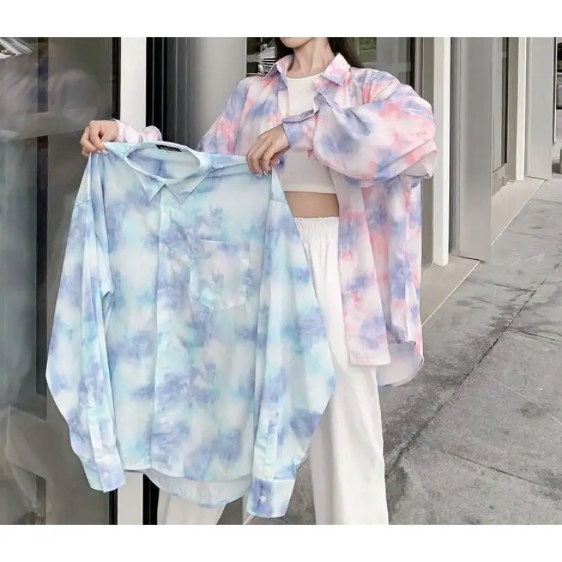 2023 New Korean Tie Dyed Shirt Women  Clothes Summer Chiffon Shirt Thin Sun Protection Long Sleeve Shirt Design Sense Small Top