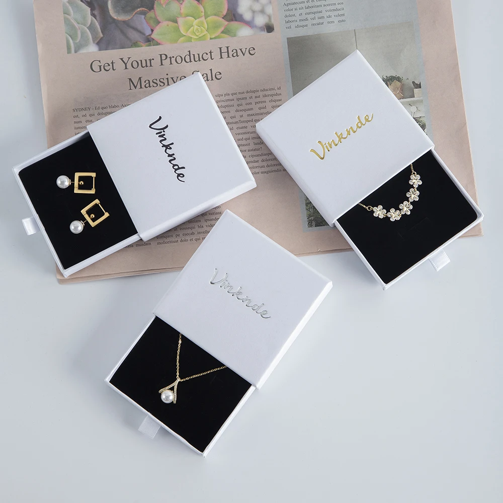 100 Custom Logo White 2.5cm Cardboard Jewelry Packageing Drawer Gift Box Case Black Sponge Ring Necklace Pendant Storage Boxes